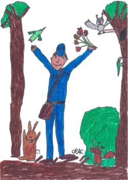Entre forêt, jardins et rivière, les distractions fourmillent et le facteur rêveur qui a la tête dans les nuages ne pense pas toujours à distribuer son courrier. Certains jours, les habitants de la forêt ne reçoivent plus ni lettres, ni journaux, ni paquets. Heureusement, il a trouvé une astuce pour résoudre ce problème. Qui fera son travail à sa place ?